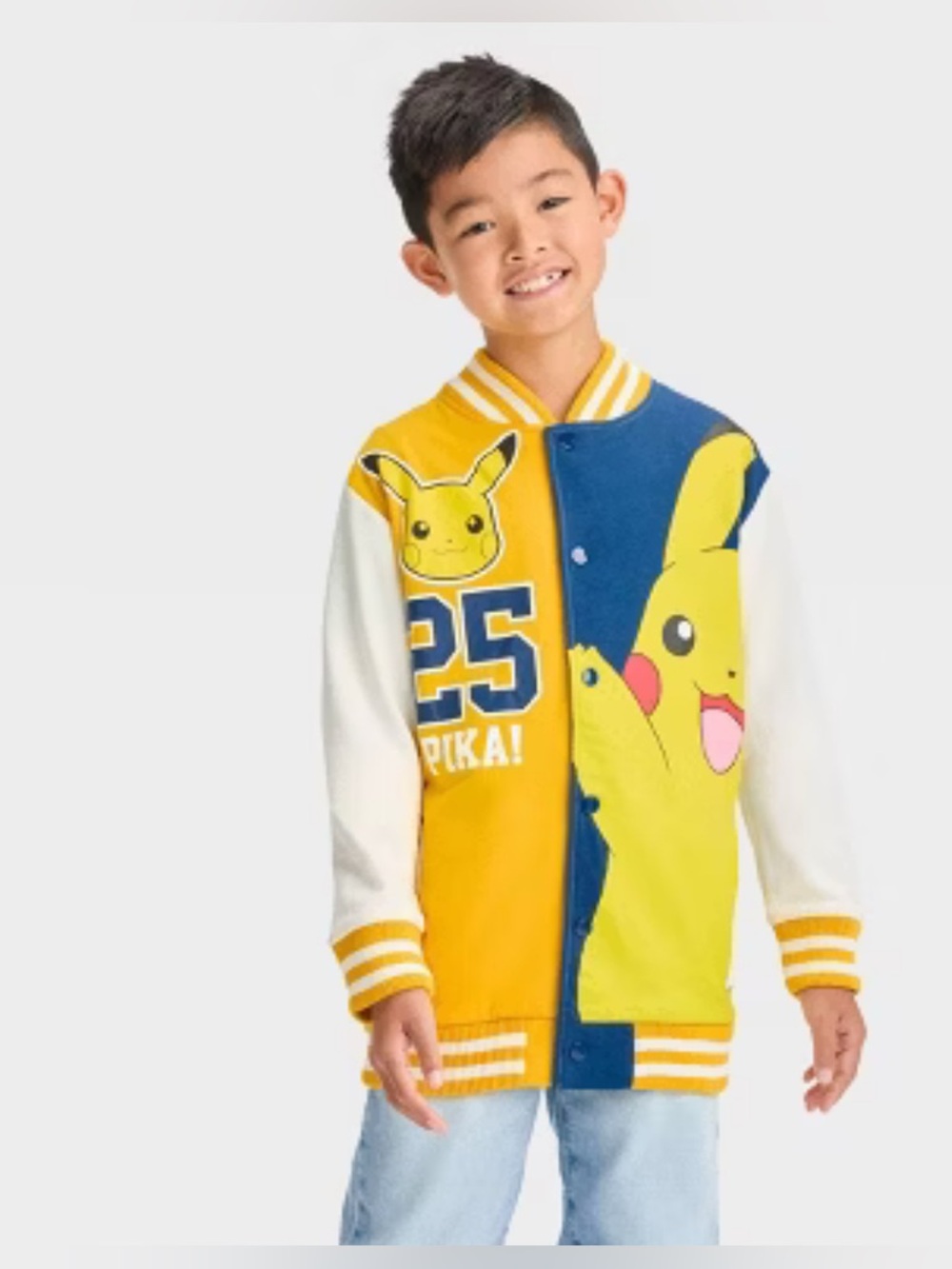 🥎🍯🌽〽️Pokemon Yellow, Navy & White Kids' Pikachu Varsity Jacket
